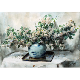 РЕПРОДУКЦИИ НА КАРТИНИ Цъфнали клонки във ваза от Делфт върху поднос на маса (1910)